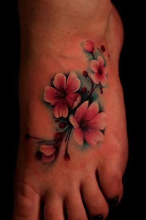 Left Foot Color Cherry Blosoom Tattoo